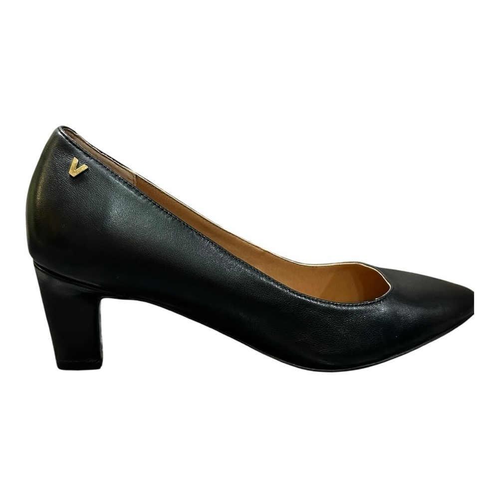 Vionic Black Leather Block Heel Pump with Gold Accent